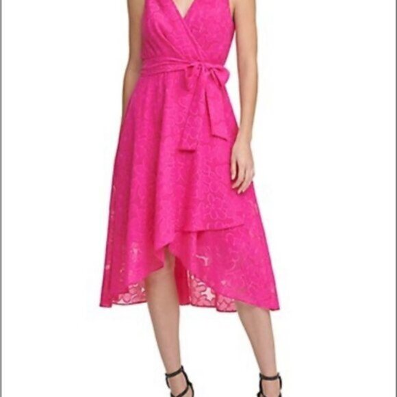 DKNY Sleeveless Double-V Faux Wrap Belted Evening Cocktail Dress S 6 fuchsia - Picture 3 of 16
